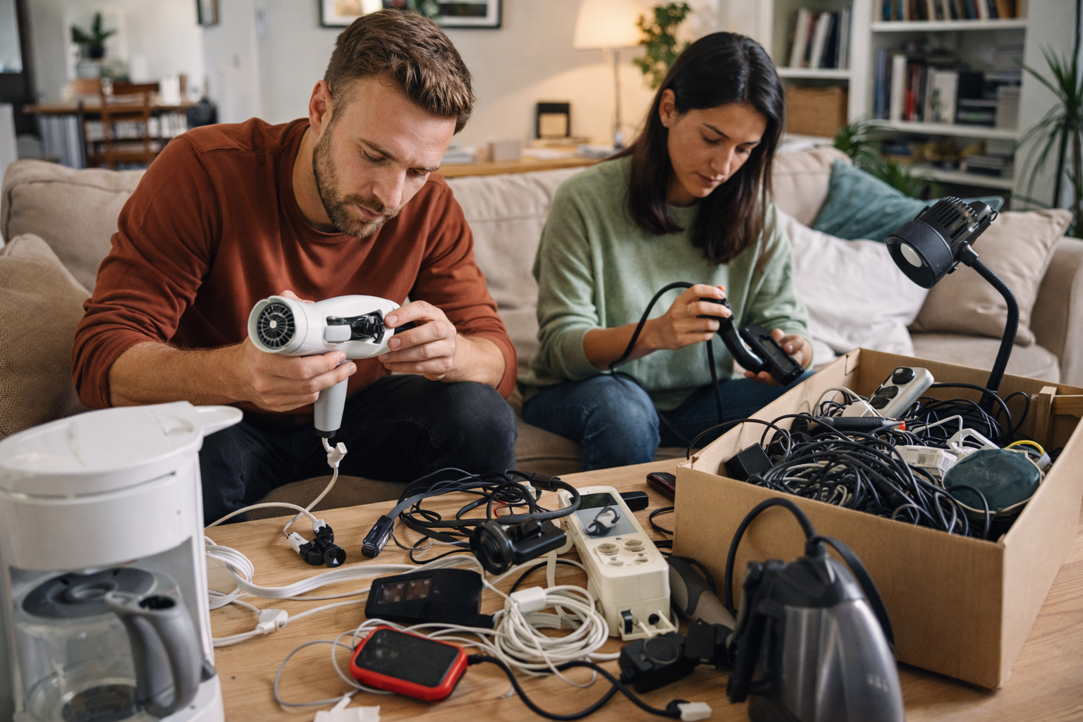 Tri et examen d’appareils et de câbles du quotidien pour prolonger leur usage, décider entre réparation, réemploi ou recyclage, et limiter l’accumulation de déchets électroniques dans le foyer.